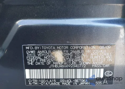 2009 Lexus Es 350 from USA, damaged, VIN JTHBJ46G692340772